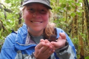 Esther with frog in cloud forest